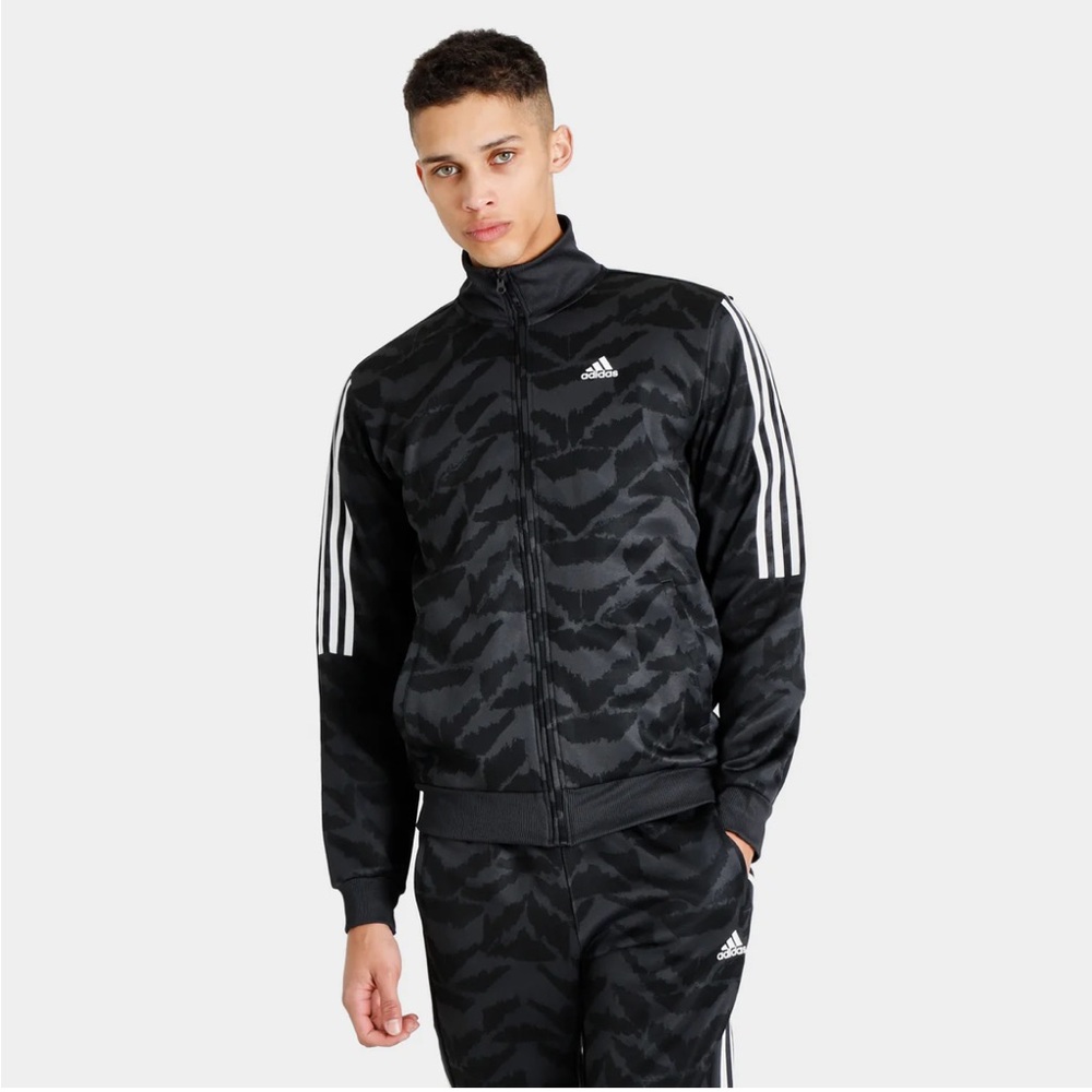 Adidas Men's Track Jacket, Black with Grey Pattern, medium